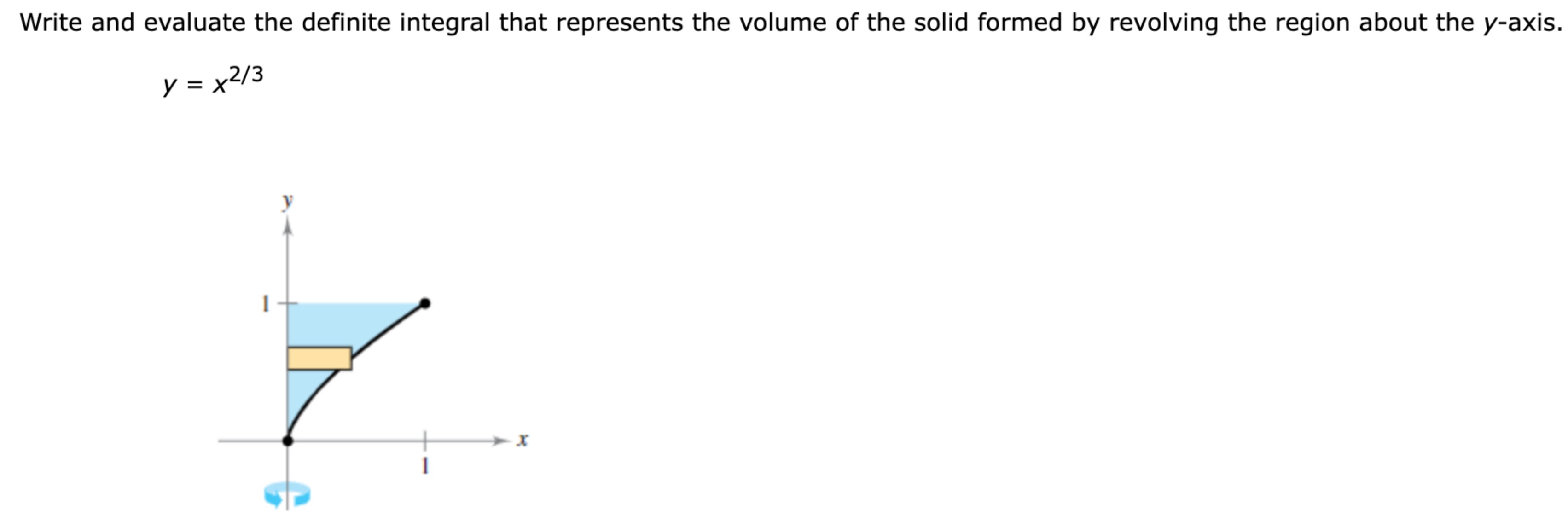 Write and evaluate the definite integral that represents the volume of the solid formed by revolving the region about the y-axis. y = x 2/3 