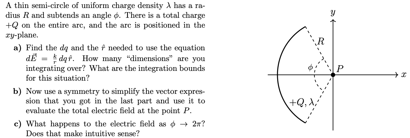 A thin semi-circle of uniform charge density λ has a radius R and subtends an angle ϕ. There is a total charge +Q on the entire arc, and the arc is positioned in the xy-plane. a) Find the dq and the r^ needed to use the equation dE→ = krdqr^. How many "dimensions" are you integrating over? What are the integration bounds for this situation? b) Now use a symmetry to simplify the vector expression that you got in the last part and use it to evaluate the total electric field at the point P. c) What happens to the electric field as ϕ → 2π ? Does that make intuitive sense? 