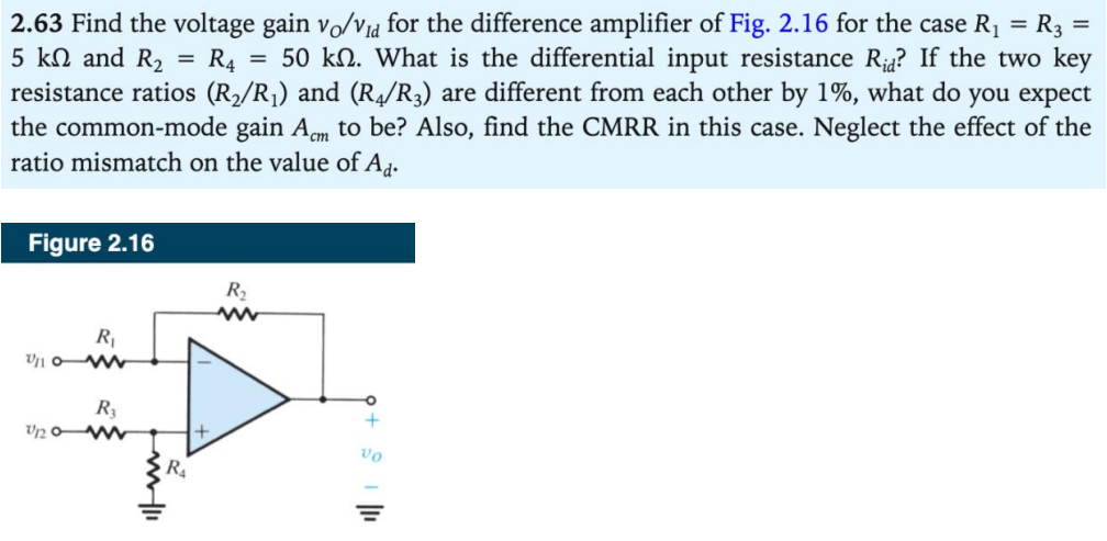 2.63 Find the voltage gain vO/vId for the difference amplifier of Fig. 2.16 for the case R1 = R3 = 5 kΩ and R2 = R4 = 50 kΩ. What is the differential input resistance Rid? If the two key resistance ratios (R2/R1) and (R4/R3) are different from each other by 1%, what do you expect the common-mode gain Acm to be? Also, find the CMRR in this case. Neglect the effect of the ratio mismatch on the value of Ad. Figure 2.16