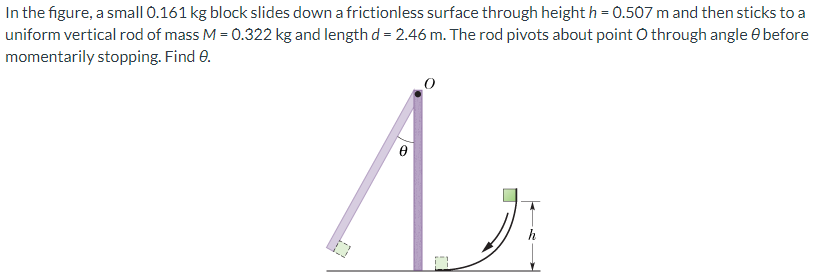 In the figure, a small 0.161 kg block slides down a frictionless surface through height h = 0.507 m and then sticks to a uniform vertical rod of mass M = 0.322 kg and length d = 2.46 m. The rod pivots about point O through angle θ before momentarily stopping. Find θ.