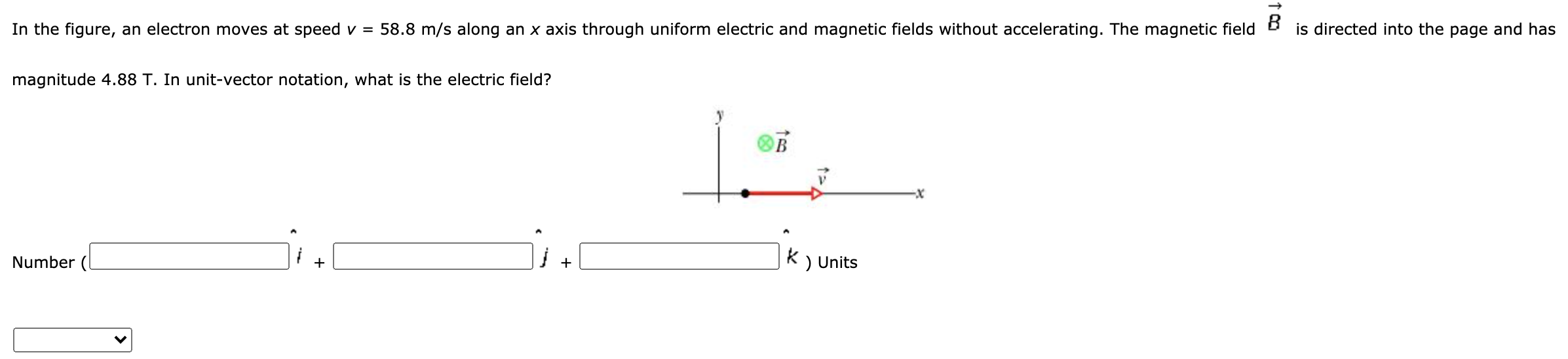 In the figure, an electron moves at speed v = 58.8 m/s along an x axis through uniform electric and magnetic fields without accelerating. The magnetic field B→ is directed into the page and has magnitude 4.88 T. In unit-vector notation, what is the electric field? Number Units