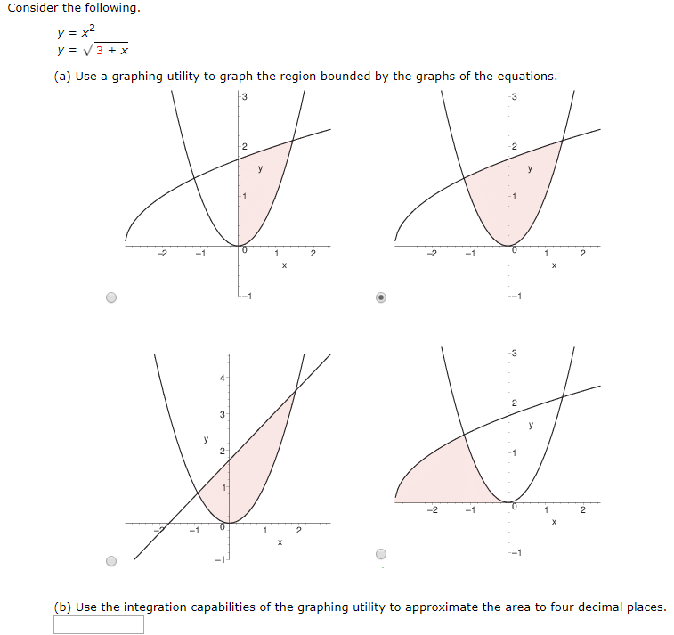 Consider the following. y = x2 y = 3 + x (a) Use a graphing utility to graph the region bounded by the graphs of the equations. (b) Use the integration capabilities of the graphing utility to approximate the area to four decimal places.