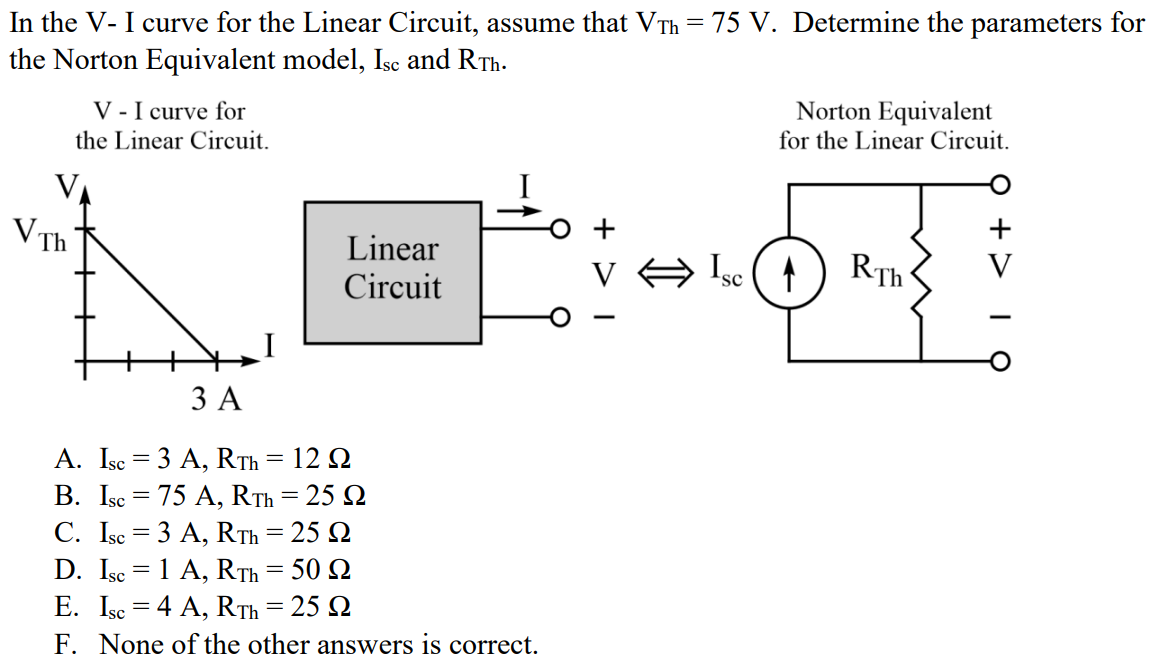 In the V- I curve for the Linear Circuit, assume that VTh = 75 V. Determine the parameters for the Norton Equivalent model, Isc and RTh. A. Isc = 3 A, RTh = 12 Ω B. Isc = 75 A, RTh = 25 Ω C. Isc = 3 A, RTh = 25 Ω D. Isc = 1 A, RTh = 50 Ω E. Isc = 4 A, RTh = 25 Ω F. None of the other answers is correct.