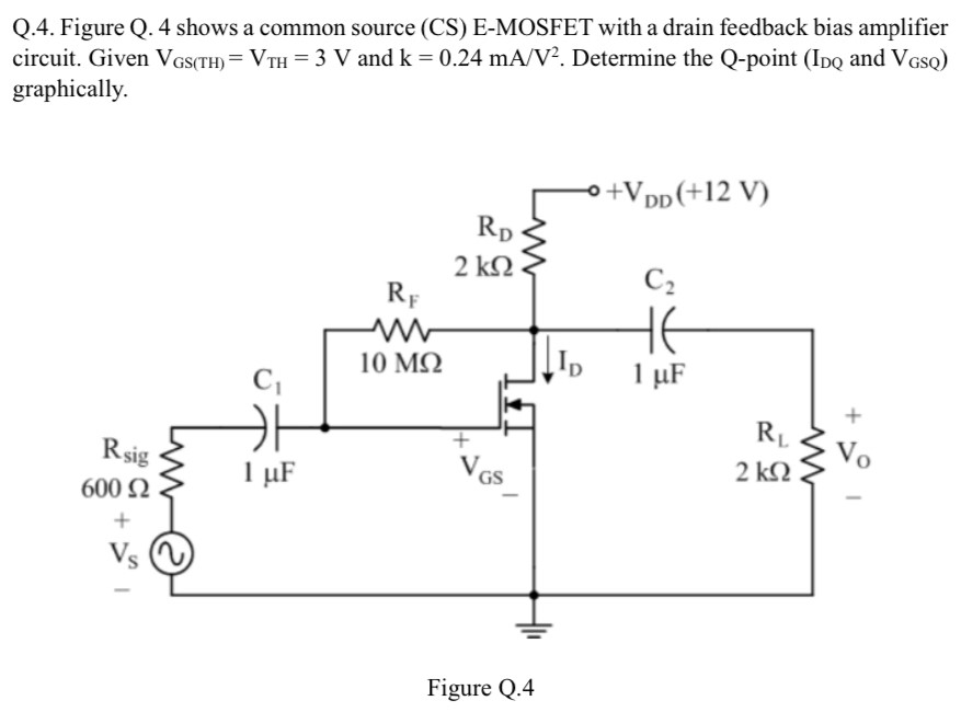 Q. 4. Figure Q. 4 shows a common source (CS) E-MOSFET with a drain feedback bias amplifier circuit. Given VGS(TH) = VTH = 3 V and k = 0.24 mA/V2. Determine the Q-point (IDQ and VGSQ) graphically. Figure Q. 4