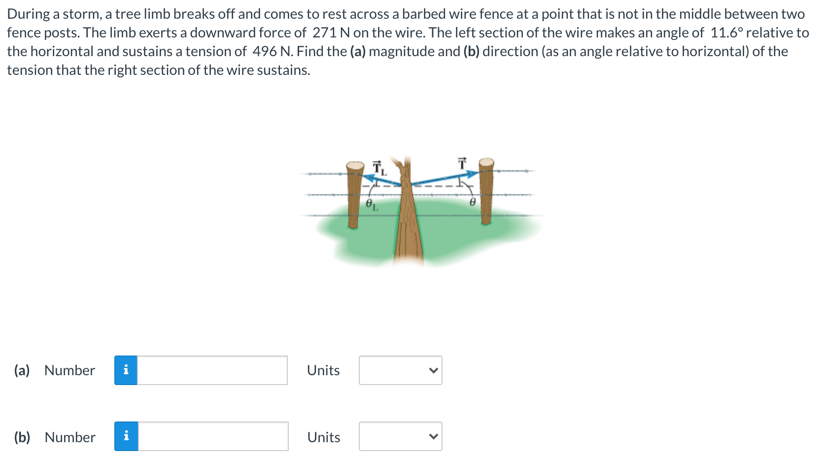 During a storm, a tree limb breaks off and comes to rest across a barbed wire fence at a point that is not in the middle between two fence posts. The limb exerts a downward force of 271 N on the wire. The left section of the wire makes an angle of 11.6∘ relative to the horizontal and sustains a tension of 496 N. Find the (a) magnitude and (b) direction (as an angle relative to horizontal) of the tension that the right section of the wire sustains. (a) Number Units (b) Number Units