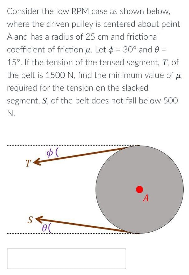 Consider the low RPM case as shown below, where the driven pulley is centered about point A and has a radius of 25 cm and frictional coefficient of friction μ. Let ϕ = 30∘ and θ = 15∘. If the tension of the tensed segment, T, of the belt is 1500 N, find the minimum value of μ required for the tension on the slacked segment, S, of the belt does not fall below 500 N.