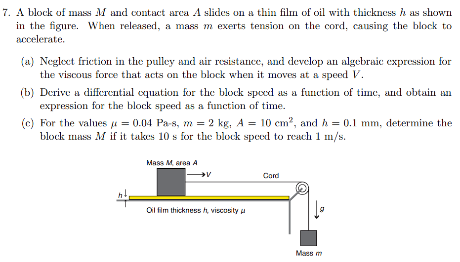 A block of mass M and contact area A slides on a thin film of oil with thickness h as shown in the figure. When released, a mass m exerts tension on the cord, causing the block to accelerate. (a) Neglect friction in the pulley and air resistance, and develop an algebraic expression for the viscous force that acts on the block when it moves at a speed V. (b) Derive a differential equation for the block speed as a function of time, and obtain an expression for the block speed as a function of time. (c) For the values μ = 0.04 Pa−s, m = 2 kg, A = 10 cm2, and h = 0.1 mm, determine the block mass M if it takes 10 s for the block speed to reach 1 m/s.