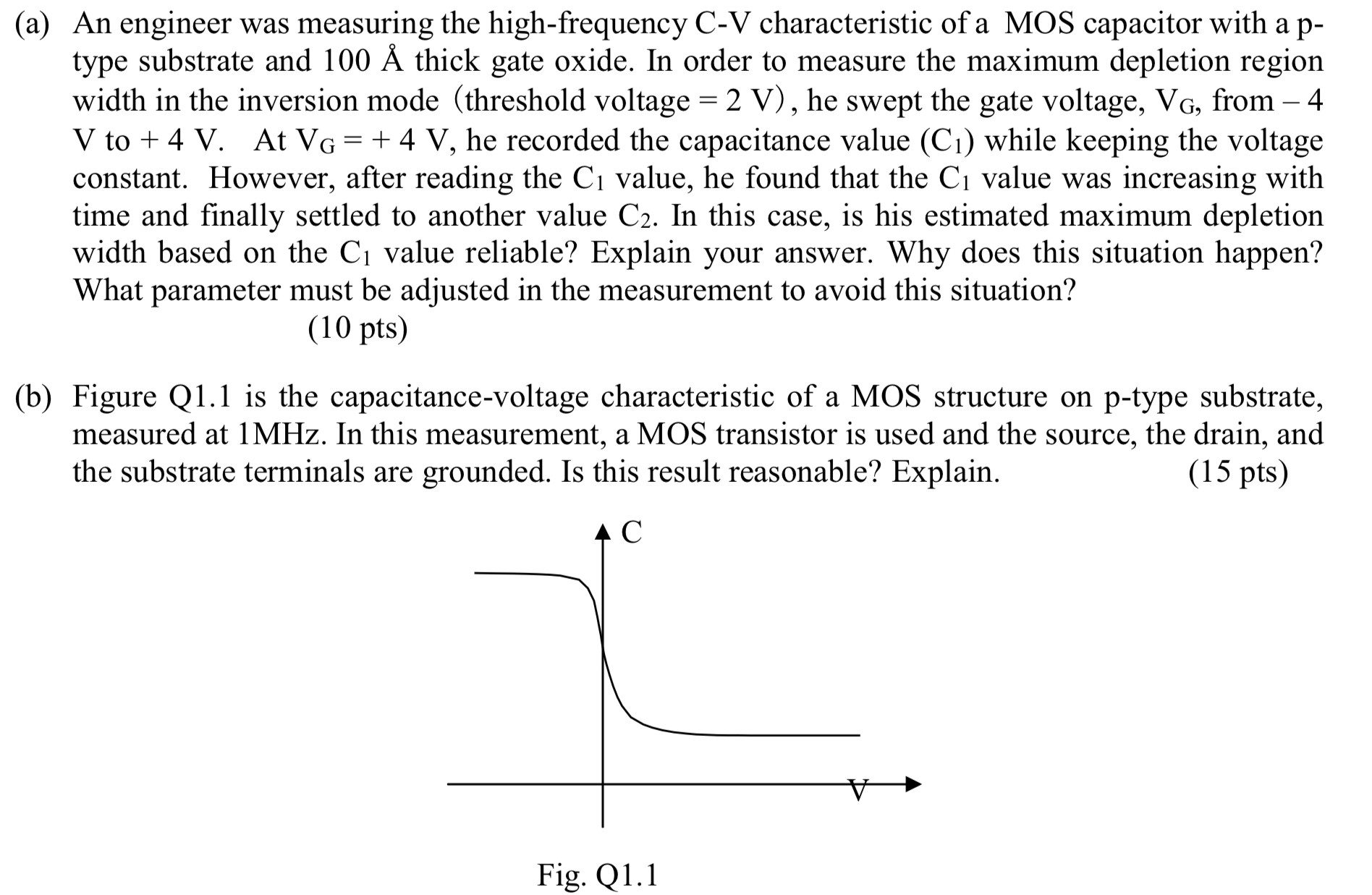 (a) An engineer was measuring the high-frequency C−V characteristic of a MOS capacitor with a ptype substrate and 100Å thick gate oxide. In order to measure the maximum depletion region width in the inversion mode (threshold voltage = 2 V), he swept the gate voltage, VG, from -4 V to +4 V. At VG = +4 V, he recorded the capacitance value (C1) while keeping the voltage constant. However, after reading the C1 value, he found that the C1 value was increasing with time and finally settled to another value C2. In this case, is his estimated maximum depletion width based on the C1 value reliable? Explain your answer. Why does this situation happen? What parameter must be adjusted in the measurement to avoid this situation? (10 pts) (b) Figure Q1.1 is the capacitance-voltage characteristic of a MOS structure on p-type substrate, measured at 1 MHz. In this measurement, a MOS transistor is used and the source, the drain, and the substrate terminals are grounded. Is this result reasonable? Explain. (15 pts) Fig. Q1.1