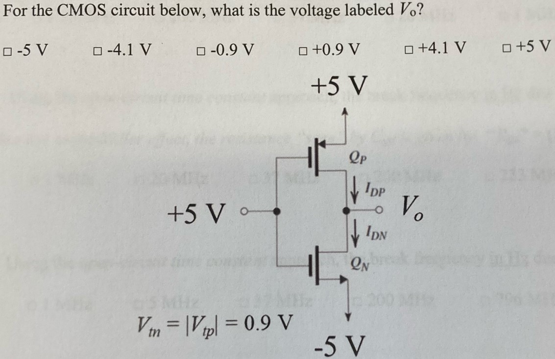 For the CMOS circuit below, what is the voltage labeled V0? -5 V -4.1 V -0.9 V +0.9 V +4.1 V +5 V Vtn = |Vtp| = 0.9 V