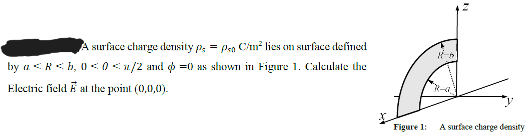 A surface charge density ρs = ρs0 C/m2 lies on surface defined by a ≤ R ≤ b, 0 ≤ θ ≤ π/2 and ϕ = 0 as shown in Figure 1. Calculate the Electric field E→ at the point (0, 0, 0). 