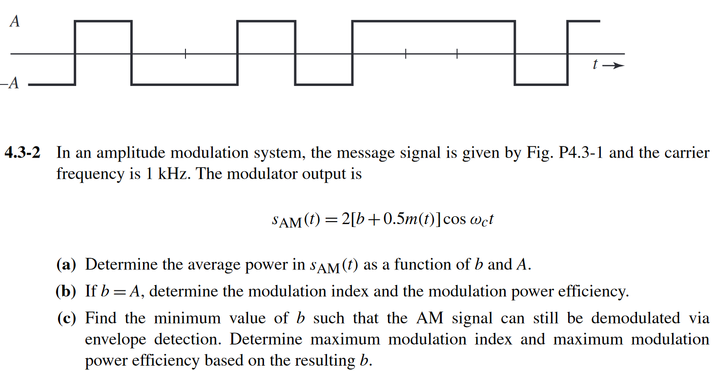 4.3-2 In an amplitude modulation system, the message signal is given by Fig. P4.3-1 and the carrier frequency is 1 kHz. The modulator output is sAM(t) = 2[b + 0.5 m(t)]cos⁡ωct (a) Determine the average power in sAM(t) as a function of b and A. (b) If b = A, determine the modulation index and the modulation power efficiency. (c) Find the minimum value of b such that the AM signal can still be demodulated via envelope detection. Determine maximum modulation index and maximum modulation power efficiency based on the resulting b.