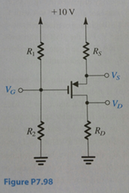 Design the circuit in Fig. P7.98 so that the transistor operates in saturation with VD biased 1 V from the edge of the triode region, with ID = 1 mA and VD = 3 V, for each of the following two devices (use a 10-uA current in the voltage divider): (a) |Vt| = 1 V and kp'W/L = 0.5 mA/V2 (b) |Vt| = 2 V and kp'W/L = 1.25 mA/V2 Figure P7.98 For each case, specify the values of VG, VD, VS, R1, R2, RS, and RD. Figure P7.98 