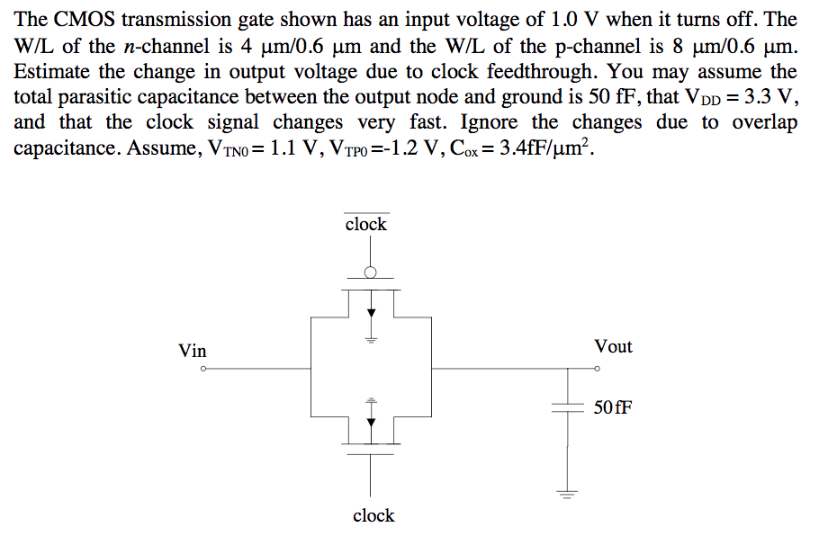 The CMOS transmission gate shown has an input voltage of 1.0 V when it turns off. The W/L of the n-channel is 4 μm/0.6 μm and the W/L of the p-channel is 8 μm/0.6 μm. Estimate the change in output voltage due to clock feedthrough. You may assume the total parasitic capacitance between the output node and ground is 50 fF, that VDD = 3.3 V, and that the clock signal changes very fast. Ignore the changes due to overlap capacitance. Assume, VTN0 = 1.1 V, VTP0 = −1.2 V, Cox = 3.4 fF/μm2. 