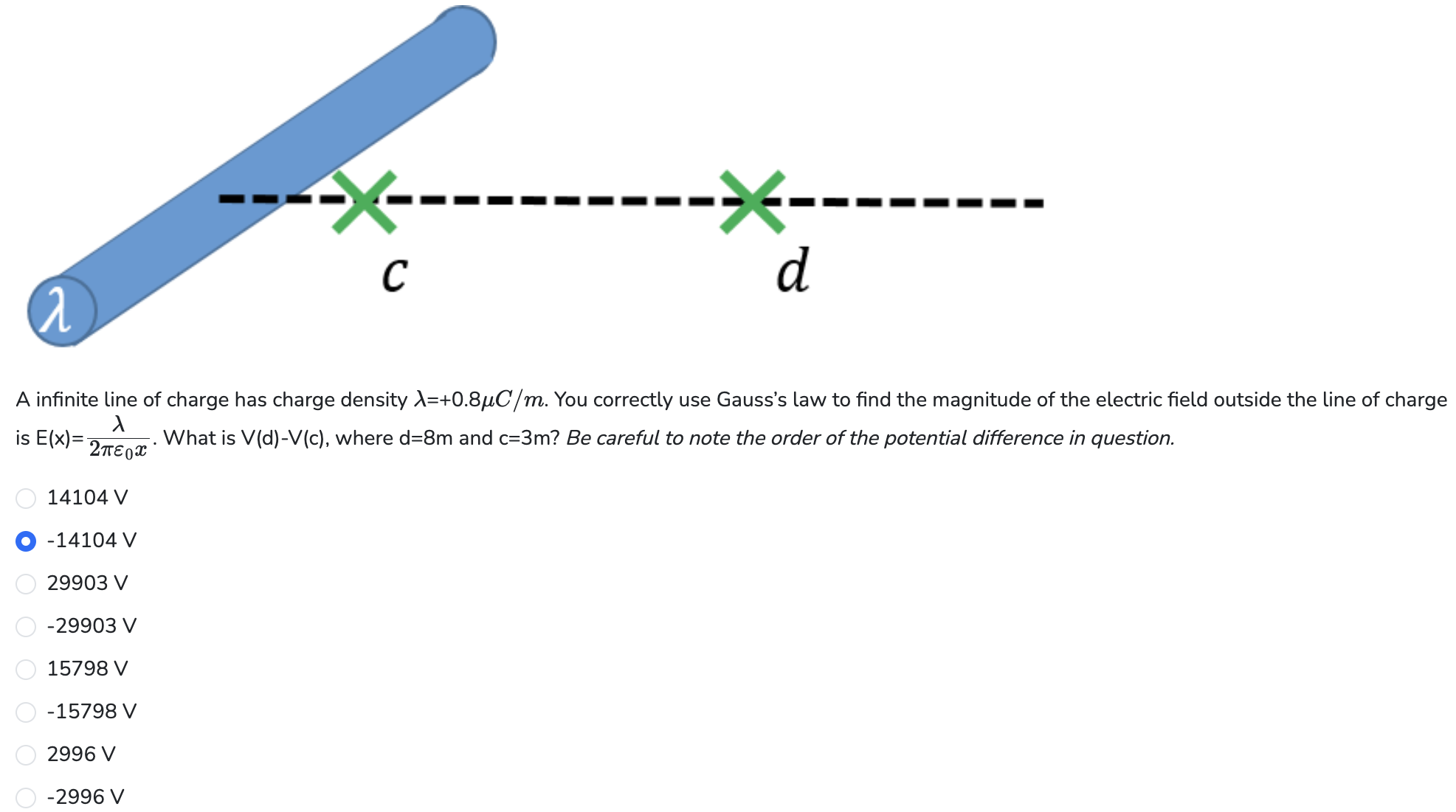 A infinite line of charge has charge density λ = +0.8 μC/m. You correctly use Gauss's law to find the magnitude of the electric field outside the line of charge is E(x) = λ2πε0 x. What is V(d)−V(c), where d = 8 m and c = 3 m ? Be careful to note the order of the potential difference in question. 14104 V −14104 V 29903 V −29903 V 15798 V −15798 V 2996 V −2996 V 