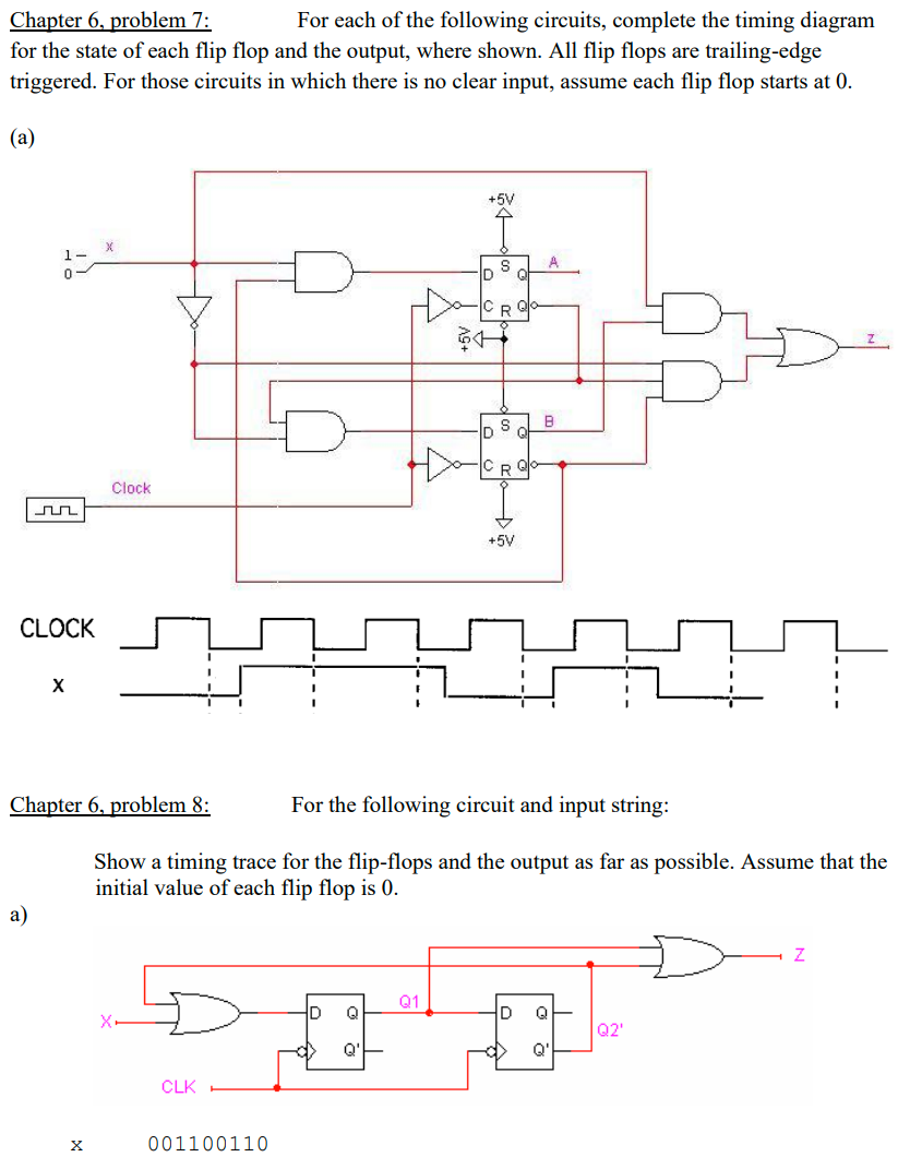 Chapter 6, problem 7: For each of the following circuits, complete the timing diagram for the state of each flip flop and the output, where shown. All flip flops are trailing-edge triggered. For those circuits in which there is no clear input, assume each flip flop starts at 0. (a) Chapter 6, problem 8: For the following circuit and input string: Show a timing trace for the flip-flops and the output as far as possible. Assume that the initial value of each flip flop is 0.