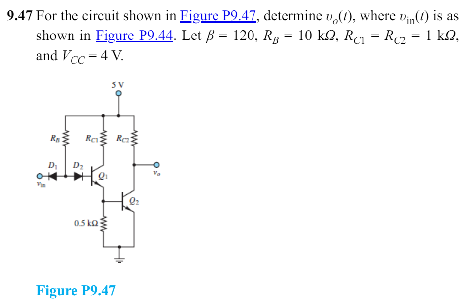 9.47 For the circuit shown in Figure P9.47, determine vo(t), where vin (t) is as shown in Figure P9.44. Let β = 120, RB = 10 kΩ, RC1 = RC2 = 1 kΩ, and VCC = 4 V. Figure P9.47