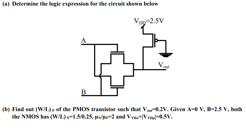 (a) Determine the logic expression for the circuit shown below (b) Find out (W/L) p of the PMOS transistor such that Vout = 0.2 V. Given A = 0 V, B = 2.5 V, both the NMOS has (W/L)N = 1.5 /0.25, μN/μP = 2 and VTHn = |VTHp| = 0.5 V.