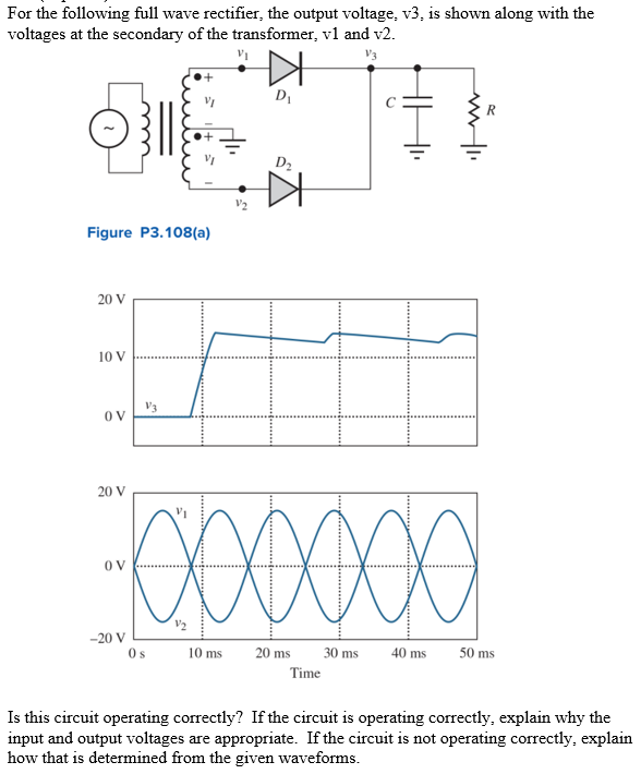 For the following full wave rectifier, the output voltage, v3, is shown along with the voltages at the secondary of the transformer, v1 and v2. Figure P3.108(a) Is this circuit operating correctly? If the circuit is operating correctly, explain why the input and output voltages are appropriate. If the circuit is not operating correctly, explain how that is determined from the given waveforms.