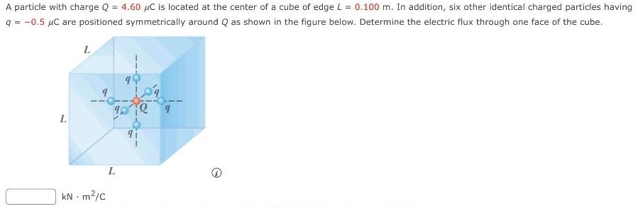 A particle with charge Q = 4.60 μC is located at the center of a cube of edge L = 0.100 m. In addition, six other identical charged particles having q = −0.5 μC are positioned symmetrically around Q as shown in the figure below. Determine the electric flux through one face of the cube. kN⋅m2/C