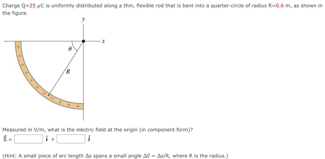 Charge Q = 25 μC is uniformly distributed along a thin, flexible rod that is bent into a quarter-circle of radius R = 0.6 m, as shown in the figure. Measured in V/m, what is the electric field at the origin (in component form)? E⇀ = i^ + j^ (Hint: A small piece of arc length Δs spans a small angle Δθ = Δs/R, where R is the radius.)