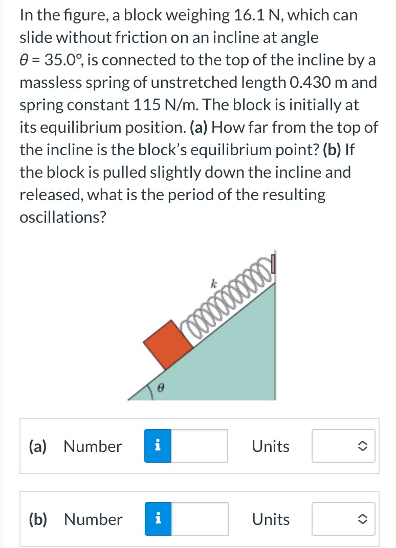 In the figure, a block weighing 16.1 N, which can slide without friction on an incline at angle θ = 35.0∘, is connected to the top of the incline by a massless spring of unstretched length 0.430 m and spring constant 115 N/m. The block is initially at its equilibrium position. (a) How far from the top of the incline is the block's equilibrium point? (b) If the block is pulled slightly down the incline and released, what is the period of the resulting oscillations? (a) Number Units (b) Number Units