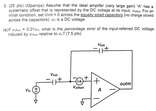 (Opamps) Assume that the ideal amplifer (very large gain) "A" has a systematic offset that is represented by the DC voltage at its input, voffset. For an initial condition, set Vinit = 0 across the equally sized capacitors (no charge stored across the capacitors). Vin is a DC voltage. (a) If voffset = 0.01vin, what is the percentage error of the input-referred DC voltage induced by v offset relative to Vin? (7.5 pts) 