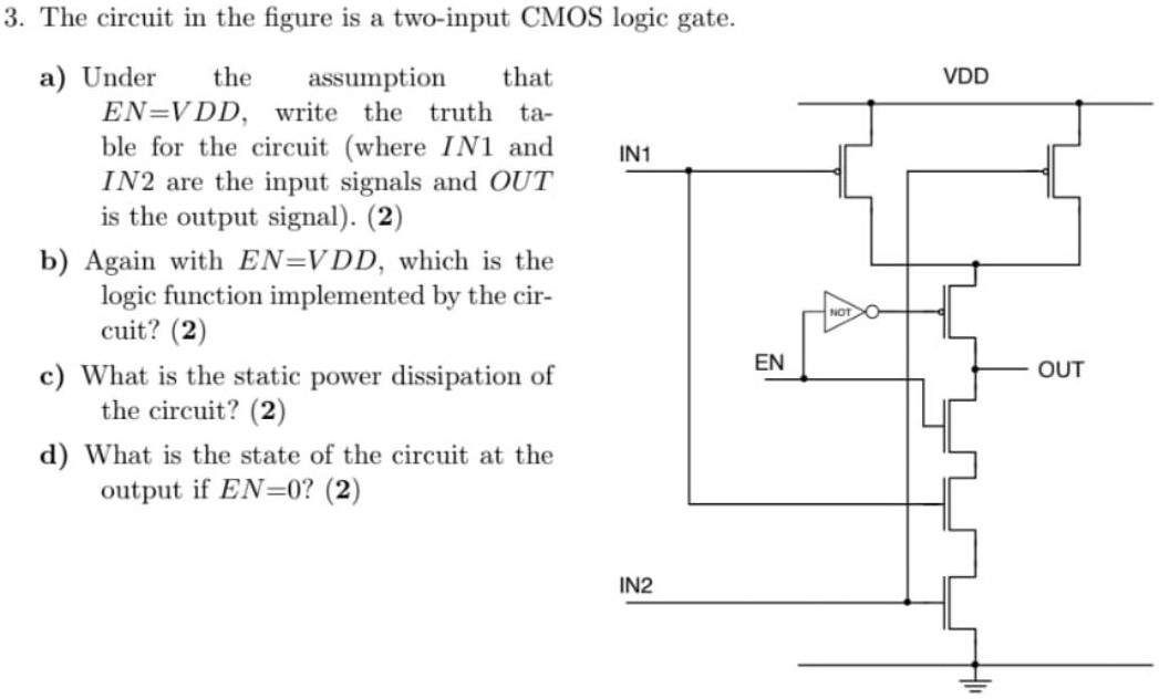 The circuit in the figure is a two-input CMOS logic gate. a) Under the assumption that EN = VDD, write the truth table for the circuit (where IN1 and IN2 are the input signals and OUT is the output signal). (2) b) Again with EN = VDD, which is the logic function implemented by the circuit? (2) c) What is the static power dissipation of the circuit? (2) d) What is the state of the circuit at the output if EN = 0? (2)