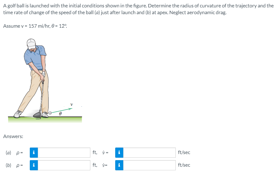 A golf ball is launched with the initial conditions shown in the figure. Determine the radius of curvature of the trajectory and the time rate of change of the speed of the ball (a) just after launch and (b) at apex. Neglect aerodynamic drag. Assume v = 157 mi/hr, θ = 12∘ Answers: (a) ρ = ft, v˙ = ft/sec (b) ρ = ft, v˙ = ft/sec