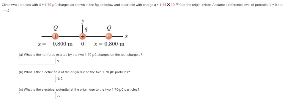 Given two particles with Q = 1.70−μC charges as shown in the figure below and a particle with charge q = 1.24×10−18 C at the origin. (Note: Assume a reference level of potential V = 0 at r = ∞.) (a) What is the net force exerted by the two 1.70−μC charges on the test charge q? (b) What is the electric field at the origin due to the two 1.70−μC particles? N/C (c) What is the electrical potential at the origin due to the two 1.70−μC particles? kV