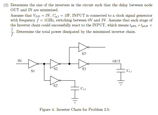 (b) In the inverter chain given by Figure 4, there are several "ghost" inverters S2' and S3' are "copying" the behaviors of inverters S2 and S3, respectively. Assume that CL1 = 108Cg,1, CL2 = 18Cg,1. (1) Determine the size of the inverters in the circuit such that the delay between node OUT and IN are minimized. (2) Determine the size of the inverters in the circuit such that the delay between node OUT and IN are minimized. Assume that VDD = 3 V, Cg,1 = 1 fF, INPUT is connected to a clock signal generator with frequency f = 1 GHz, switching between 0 V and 3 V. Assume that each stage of the Inverter chain could successfully react to the INPUT, which means tpHL+tpLH <  1 f. Determine the total power dissipated by the minimized inverter chain. Figure 4: Inverter Chain for Problem 2-b