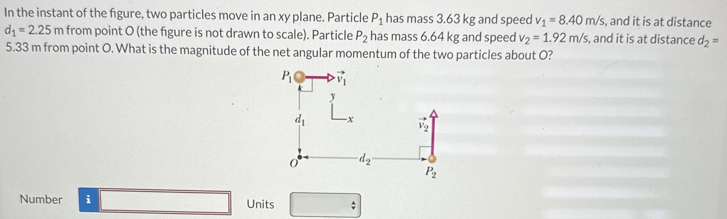 In the instant of the figure, two particles move in an xy plane. Particle P1 has mass 3.63 kg and speed v1 = 8.40 m/s, and it is at distance d1 = 2.25 m from point O (the figure is not drawn to scale). Particle P2 has mass 6.64 kg and speed v2 = 1.92 m/s, and it is at distance d2 = 5.33 m from point O. What is the magnitude of the net angular momentum of the two particles about O? Number Units