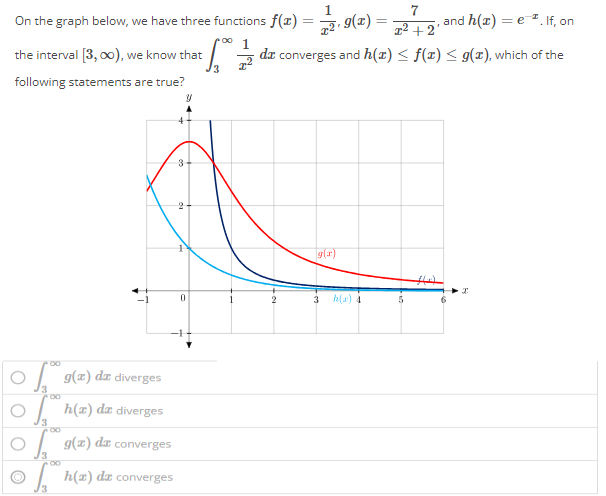 On the graph below, we have three functions f(x) = 1/x^2 , g(x) = 7/x^2+2 , and h(x) = e^-x . If, on the interval [3, ∞), we know that ∫ ∞ 3 1 x2 dx converges and h(x) ≤ f(x) ≤ g(x), which of the following statements are true? ∫ ∞ 3 g(x)dx diverges ∫ ∞ 3 h(x)dx diverges ∫ ∞ 3 g(x)dx converges ∫ √ 3 3 h(x)dx converges