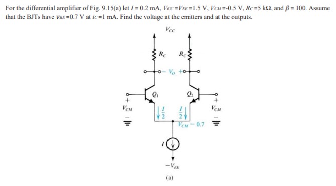 For the differential amplifier of Fig. 9.15(a) let I = 0.2 mA, VCC = VEE = 1.5 V, VCM = −0.5 V, RC = 5 kΩ, and β = 100. Assume that the BJTs have VBE = 0.7 V at ic = 1 mA. Find the voltage at the emitters and at the outputs.