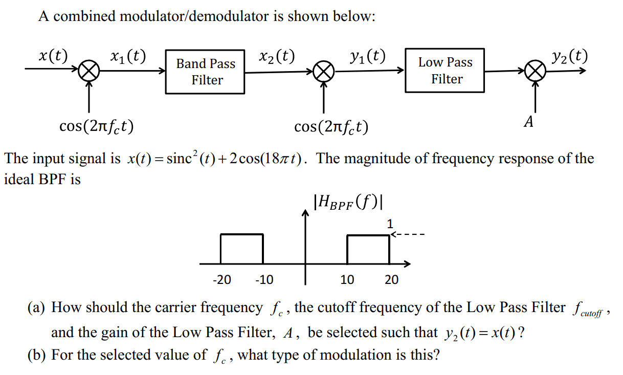 A combined modulator/demodulator is shown below: The input signal is x(t) = sinc2⁡(t) + 2cos⁡(18πt). The magnitude of frequency response of the ideal BPF is (a) How should the carrier frequency fc, the cutoff frequency of the Low Pass Filter fcutoff, and the gain of the Low Pass Filter, A, be selected such that y2(t) = x(t)? (b) For the selected value of fc, what type of modulation is this?