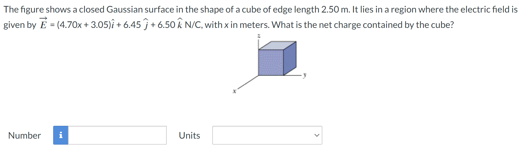 The figure shows a closed Gaussian surface in the shape of a cube of edge length 2.50 m. It lies in a region where the electric field is given by E→ = (4.70x + 3.05)i^ + 6.45 j^ + 6.50 k^ N/C, with x in meters. What is the net charge contained by the cube? Number Units