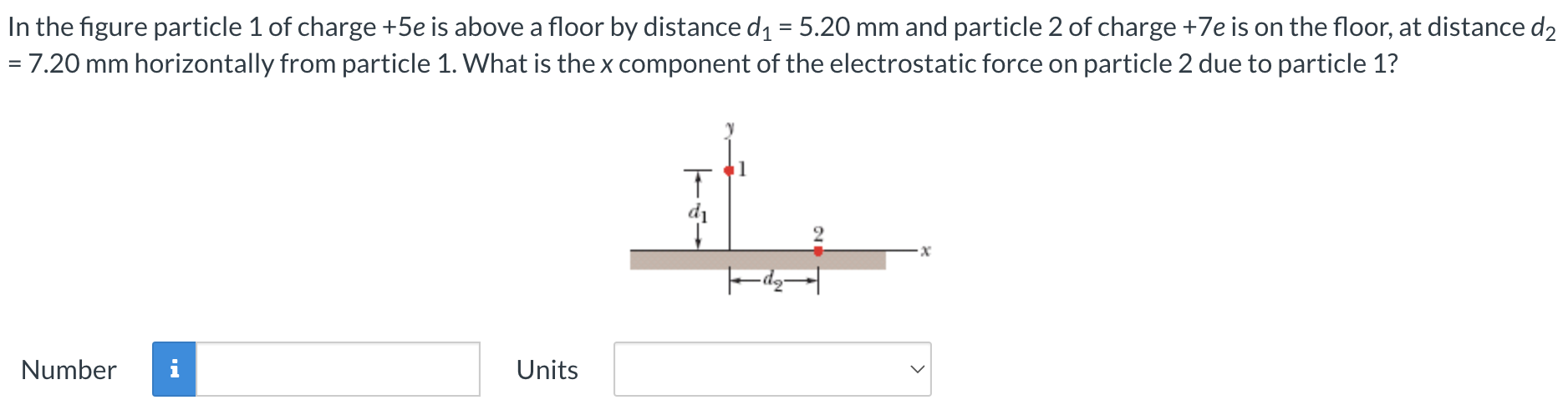In the figure particle 1 of charge +5e is above a floor by distance d1 = 5.20 mm and particle 2 of charge +7e is on the floor, at distance d2 = 7.20 mm horizontally from particle 1. What is the x component of the electrostatic force on particle 2 due to particle 1? Number Units