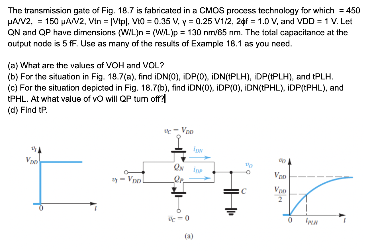 The transmission gate of Fig. 18.7 is fabricated in a CMOS process technology for which = 450 μA/V2, = 150 μA/V2, Vtn = |Vtp|, Vt0 = 0.35 V, γ = 0.25 V1/2, 2ϕf = 1.0 V, and VDD = 1 V. Let QN and QP have dimensions (W/L)n = (W/L)p = 130 nm/65 nm. The total capacitance at the output node is 5 fF. Use as many of the results of Example 18.1 as you need. (a) What are the values of VOH and VOL? (b) For the situation in Fig. 18.7(a), find iDN(0), iDP(0), iDN(tPLH), iDP(tPLH), and tPLH. (c) For the situation depicted in Fig. 18.7(b), find iDN(0), iDP(0), iDN(tPHL), iDP(tPHL), and tPHL. At what value of vO will QP turn off? (d) Find tP. (a) 