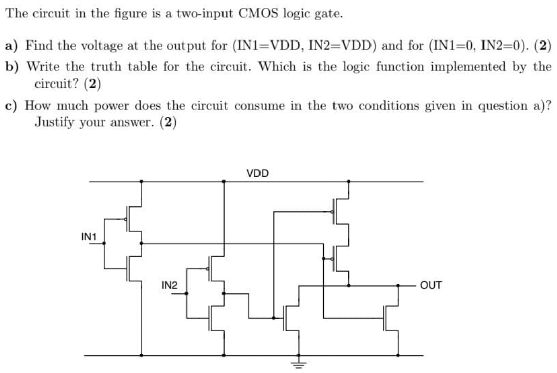 The circuit in the figure is a two-input CMOS logic gate. a) Find the voltage at the output for (IN1 = VDD, IN2 = VDD) and for (IN1 = 0, IN2 = 0). (2) b) Write the truth table for the circuit. Which is the logic function implemented by the circuit? (2) c) How much power does the circuit consume in the two conditions given in question a)? Justify your answer. (2)