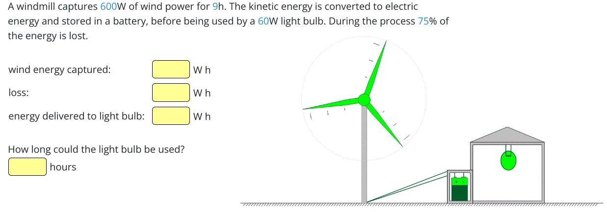 A windmill captures 600W of wind power for 9h. The kinetic energy is converted to electric energy and stored in a battery, before being used by a 60W light bulb. During the process 75% of the energy is lost. wind energy captured: loss: energy delivered to light bulb: W h W h W h How long could the light bulb be used? hours