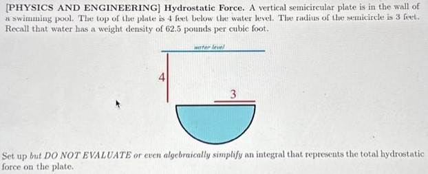 [PHYSICS AND ENGINEERING] Hydrostatic Force. A vertical semicircular plate is in the wall of a swimming pool. The top of the plate is 4 feet below the water level. The radius of the semicircle is 3 feet. Recall that water has a weight density of 62.5 pounds per cubic foot. Set up but DO NOT EVALUATE or even algebraically simplify an integral that represents the total hydrostatic force on the plate. 