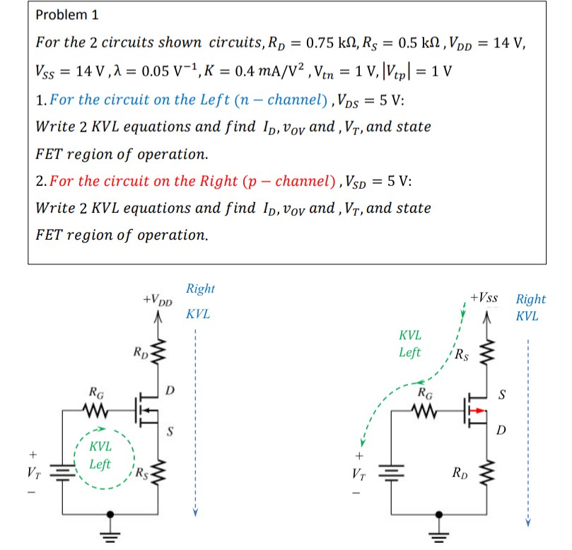 Problem 1 For the 2 circuits shown circuits, RD = 0.75 kΩ, RS = 0.5 kΩ, VDD = 14 V, VSS = 14 V, λ = 0.05 V−1, K = 0.4 mA/V2, Vtn = 1 V, |Vtp| = 1 V For the circuit on the Left (n-channel), VDS = 5 V: Write 2 KVL equations and find ID, vOV and, VT, and state FET region of operation. 2. For the circuit on the Right (p-channel), VSD = 5 V: Write 2 KVL equations and find ID , vOV and, VT, and state FET region of operation.