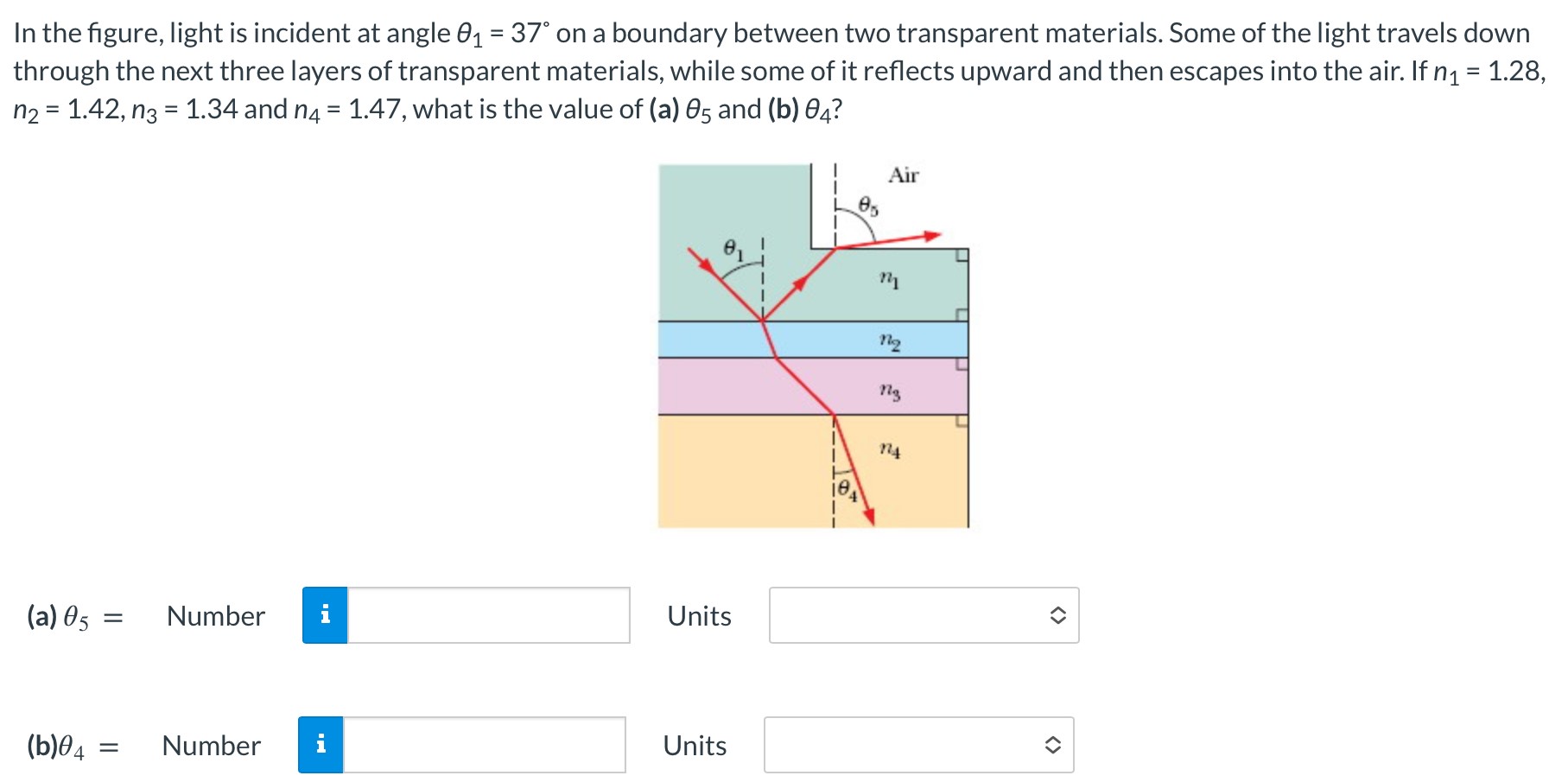 In the figure, light is incident at angle θ1 = 37∘ on a boundary between two transparent materials. Some of the light travels down through the next three layers of transparent materials, while some of it reflects upward and then escapes into the air. If n1 = 1.28 n2 = 1.42, n3 = 1.34 and n4 = 1.47, what is the value of (a)θ5 and (b)θ4? (a) θ5 = Number i Units (b) θ4 = Number Units