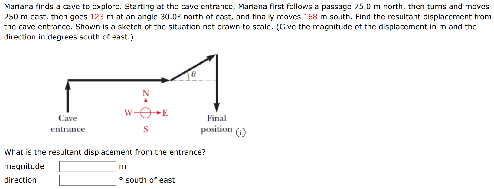 Mariana finds a cave to explore. Starting at the cave entrance, Mariana first follows a passage 75.0 m north, then turns and moves 250 m east, then goes 123 m at an angle 30.0∘ north of east, and finally moves 168 m south. Find the resultant displacement from the cave entrance. Shown is a sketch of the situation not drawn to scale. (Give the magnitude of the displacement in m and the direction in degrees south of east. ) What is the resultant displacement from the entrance? magnitude m direction ∘ south of east 