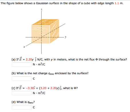 The figure below shows a Gaussian surface in the shape of a cube with edge length 1.1 m. (a) If B→ = 2.20y j^ N/C, with y in meters, what is the net flux Φ through the surface? N⋅m2/C (b) What is the net charge qenc enclosed by the surface? C (c) If E→ = −3.30i^ + (3.20 + 2.20y) j^, what is Φ? N⋅m2/C (d) What is qenc? C