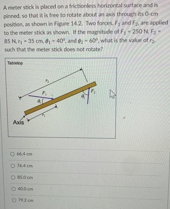 A meter stick is placed on a frictionless horizontal surface and is pinned, so that it is free to rotate about an axis through its 0−cm position, as shown in Figure 14.2. Two forces, F1 and F2, are applied to the meter stick as shown. If the magnitude of F1 = 250 N, F2 = 85 N, r1 = 35 cm, θ1 = 40∘, and θ2 = 60∘, what is the value of r2, such that the meter stick does not rotate? 66.4 cm 76.4 cm 85.0 cm 40.0 cm 79.2 cm