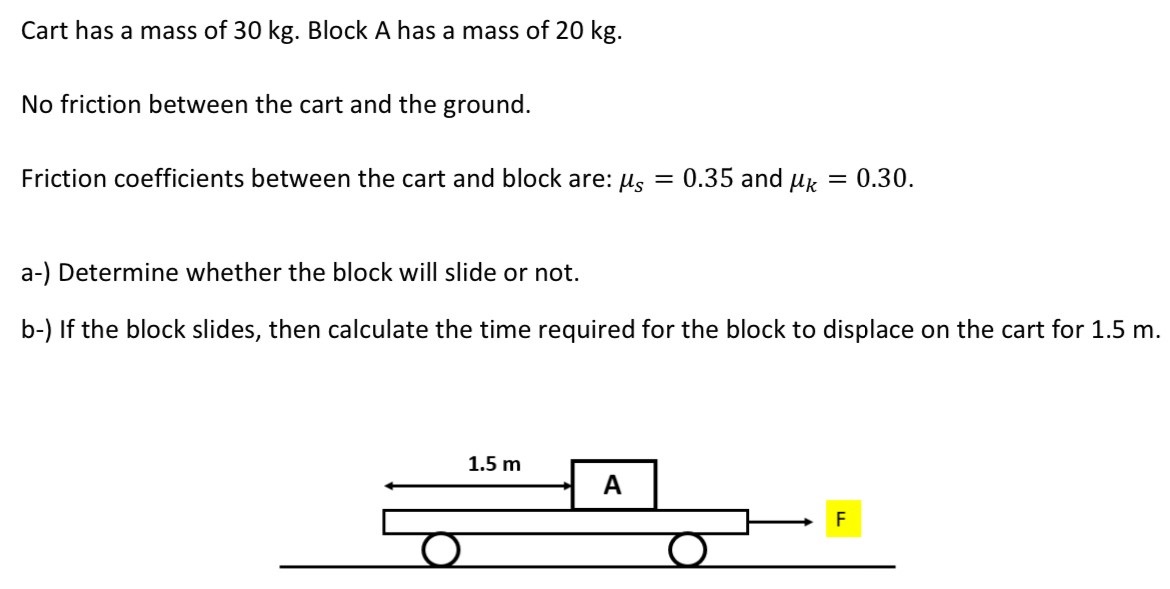 Cart has a mass of 30 kg. Block A has a mass of 20 kg. No friction between the cart and the ground. Friction coefficients between the cart and block are: μs = 0.35 and μk = 0.30. a-) Determine whether the block will slide or not. b-) If the block slides, then calculate the time required for the block to displace on the cart for 1.5 m.