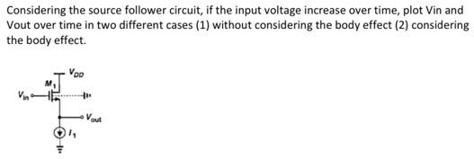 Considering the source follower circuit, if the input voltage increase over time, plot Vin and Vout over time in two different cases (1) without considering the body effect (2) considering the body effect.