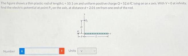 The figure shows a thin plastic rod of length L = 10.1 cm and uniform positive charge Q = 52.6 fC lying on an x axis. With V = 0 at infinity, find the electric potential at point P1 on the axis, at distance d = 2.01 cm from one end of the rod. Number Units