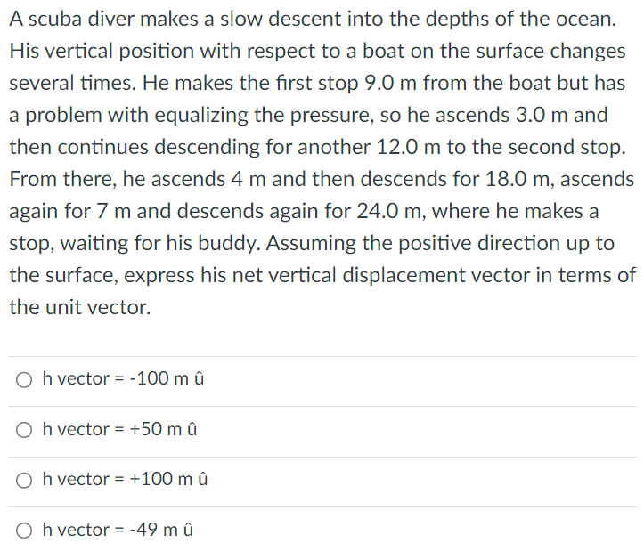 A scuba diver makes a slow descent into the depths of the ocean. His vertical position with respect to a boat on the surface changes several times. He makes the first stop 9.0 m from the boat but has a problem with equalizing the pressure, so he ascends 3.0 m and then continues descending for another 12.0 m to the second stop. From there, he ascends 4 m and then descends for 18.0 m, ascends again for 7 m and descends again for 24.0 m, where he makes a stop, waiting for his buddy. Assuming the positive direction up to the surface, express his net vertical displacement vector in terms of the unit vector. h vector = −100 m û h vector = +50 m û h vector = +100 m û h vector = −49 m û 