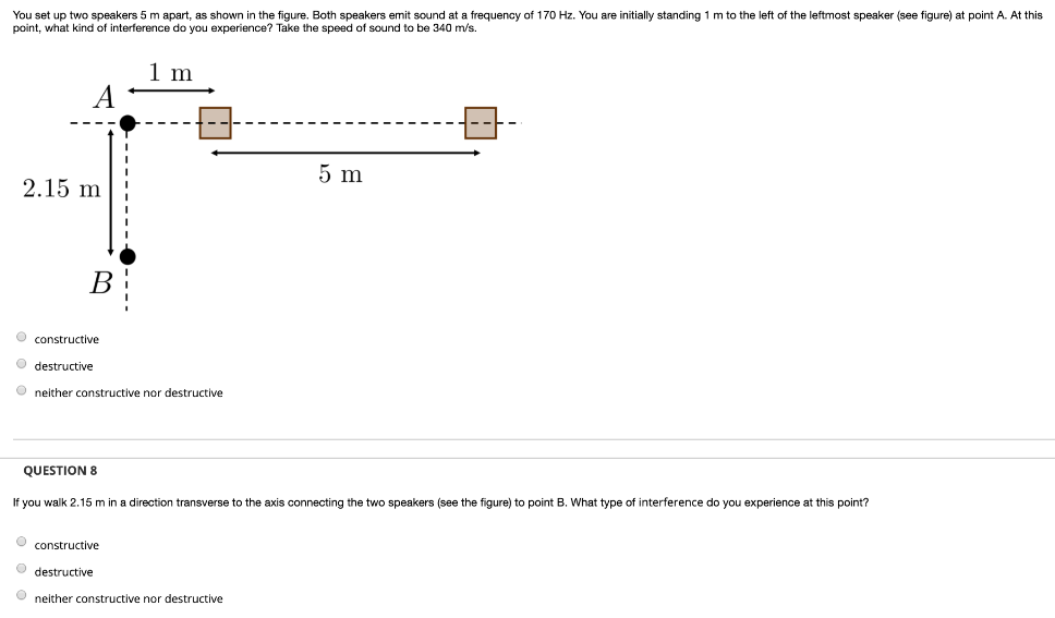 You set up two speakers 5 m apart, as shown in the figure. Both speakers emit sound at a frequency of 170 Hz. You are initially standing 1 m to the left of the leftmost speaker (see figure) at point A. At this point, what kind of interference do you experience? Take the speed of sound to be 340 m/s. constructive destructive neither constructive nor destructive QUESTION 8 If you walk 2.15 m in a direction transverse to the axis connecting the two speakers (see the figure) to point B. What type of interference do you experience at this point? constructive destructive neither constructive nor destructive